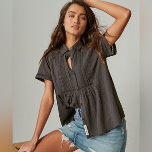 Lucky Brand Lace trim button down blouse in charcoal/black! L